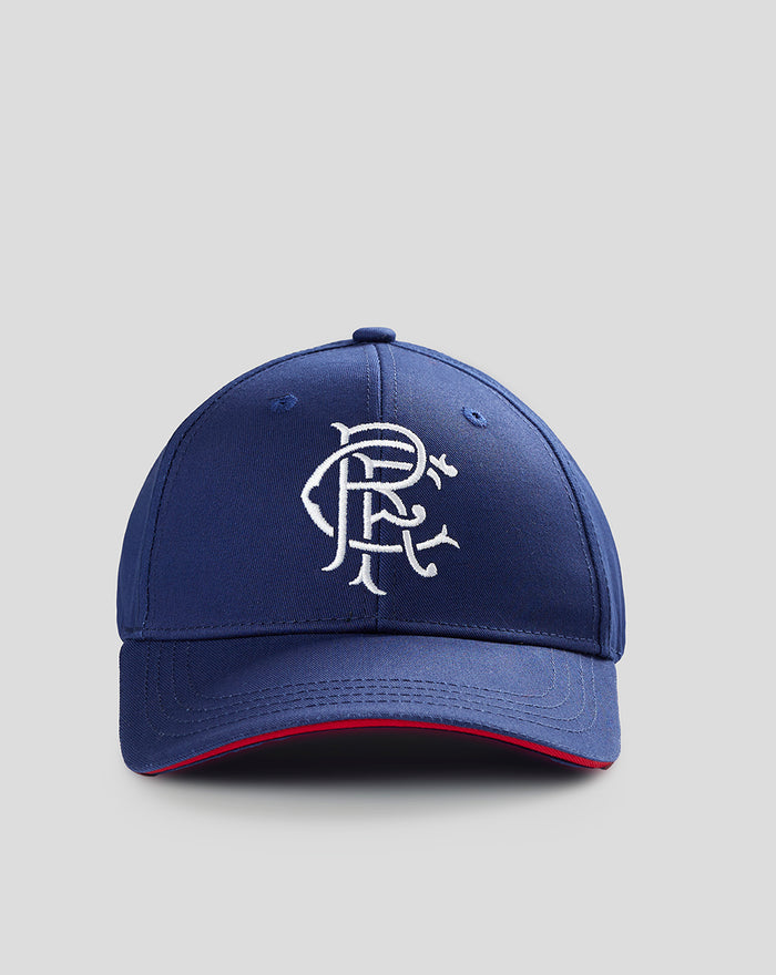 Navy blue Rangers cap with white embroidered crest on the front and a red underbill