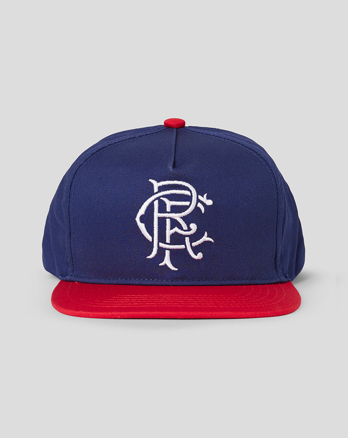 Navy blue Rangers flat peak cap with red brim and white embroidered logo on front