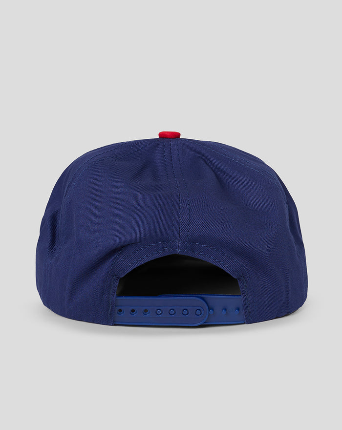 Back view of navy blue Rangers flat peak cap with red brim and adjustable blue strap