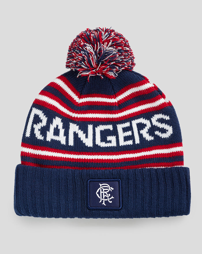 Rangers knitted bobble hat in navy and red with a pom pom and embroidered logo patch