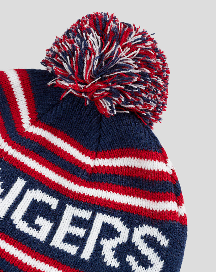 Rangers knitted bobble hat in navy and red with white stripes and a pom pom