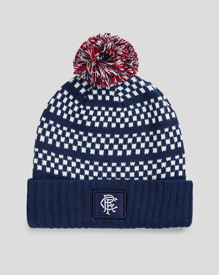 Navy Rangers knitted bobble hat with white check pattern and a red white blue pom-pom.