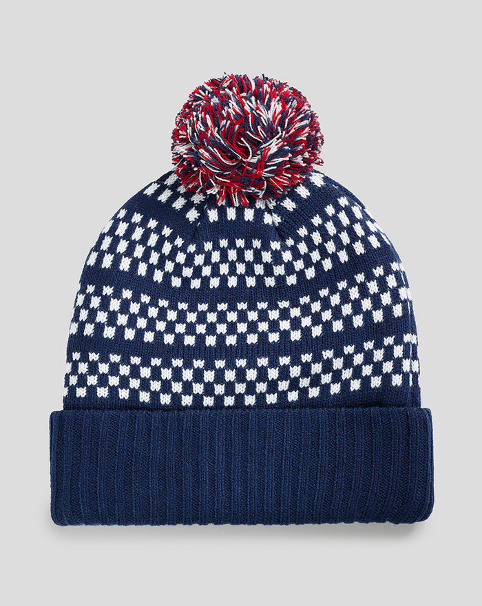 Rangers knitted bobble hat with a multicolored red white and blue pom pom atop and navy knit with white pattern
