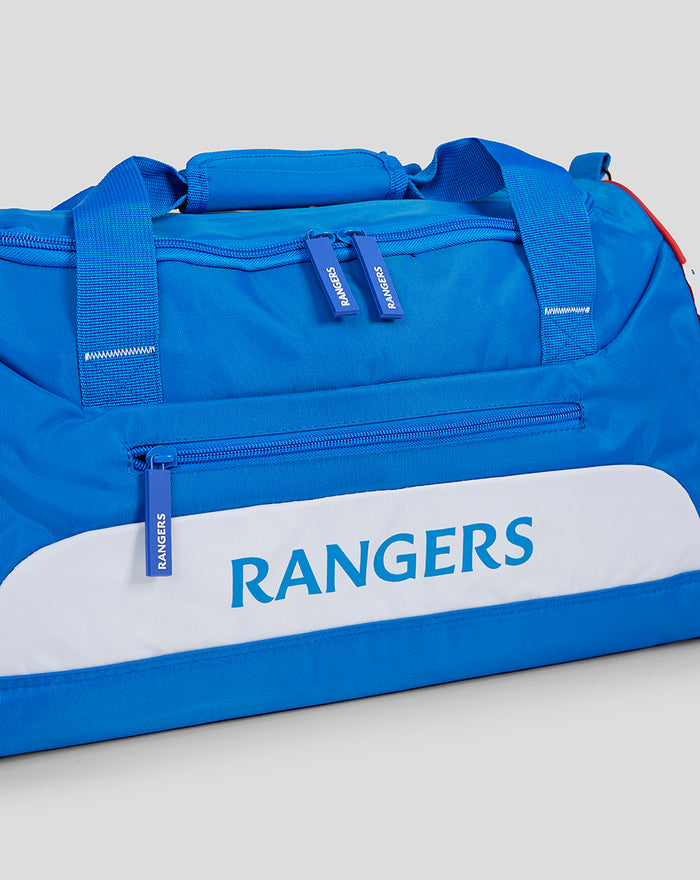 Close up of blue Rangers gym holdall showing top handles, zipper pulls, and a white panel with Rangers logo