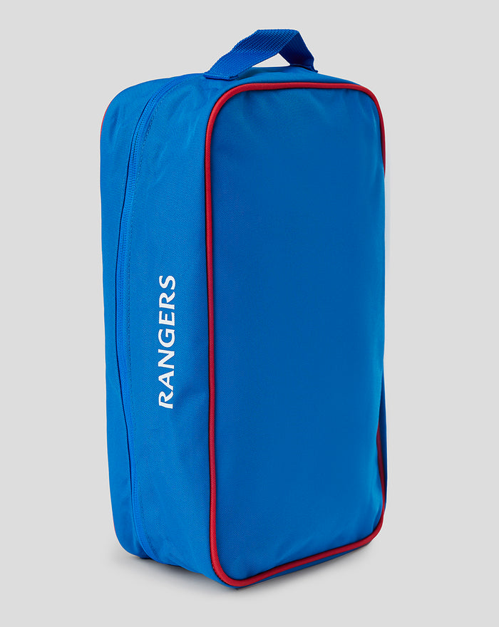 Blue Rangers boot bag with white monogram logo on the side and red piping