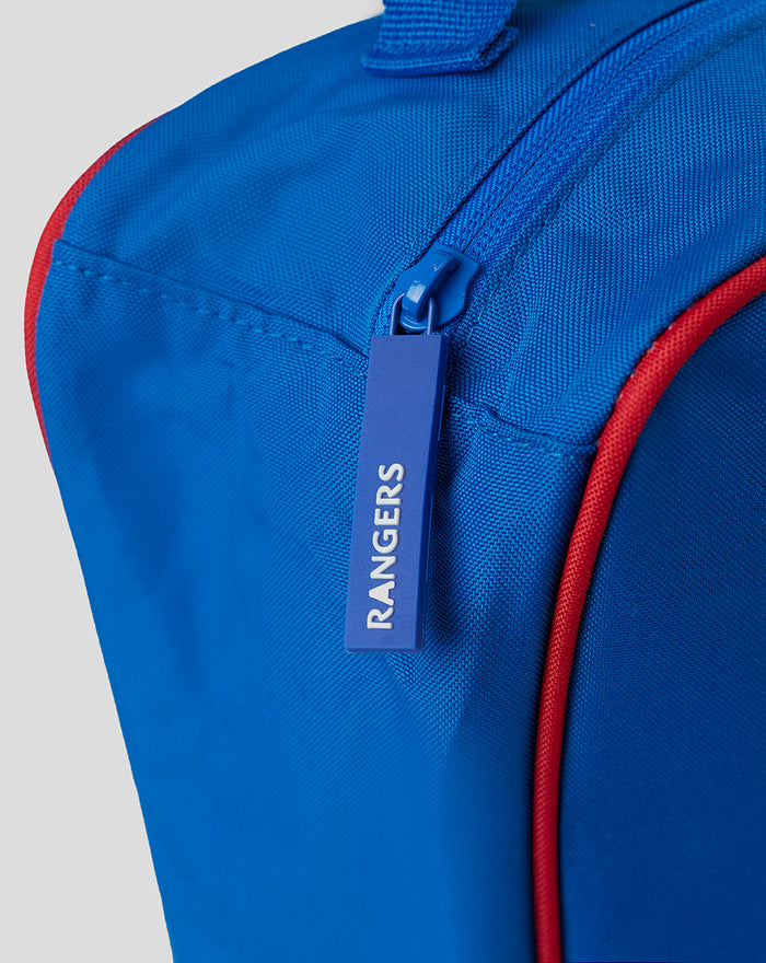 Close up of blue Rangers bootbag zipper and branded tag.