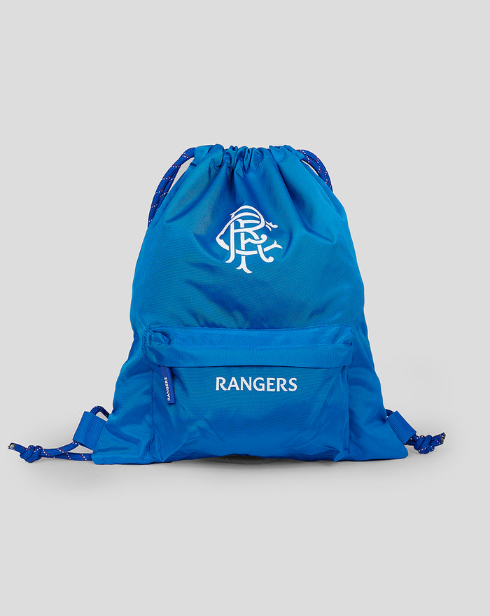 Blue Rangers gym sack with white emblem on the chest and a front pocket printed RANGERS