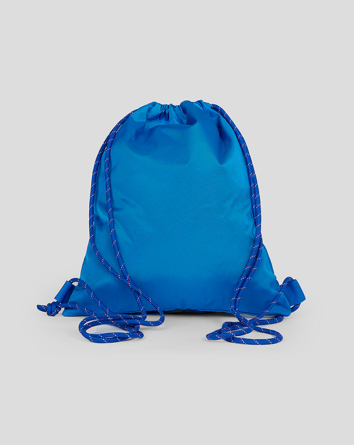 Rear view of blue Rangers gym sack with long blue and white drawstrings draped at the sides