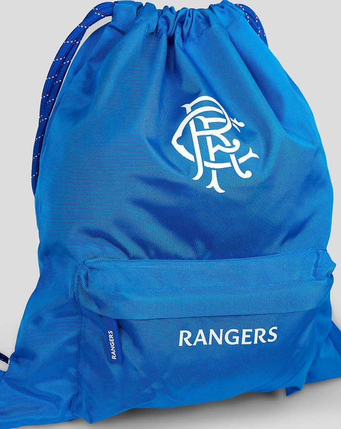 Close up of blue Rangers gym sack showing the white emblem and sturdy drawstrings