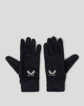 Pair of black unisex golf gloves with white Castore logos laid flat