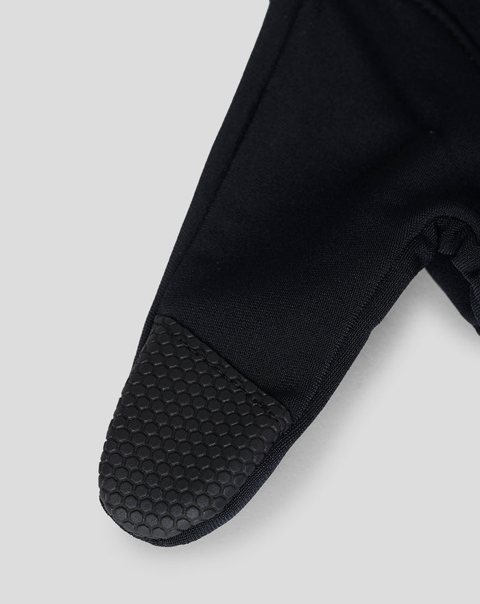 Close-up of black glove cuff with a hexagonal grip pattern