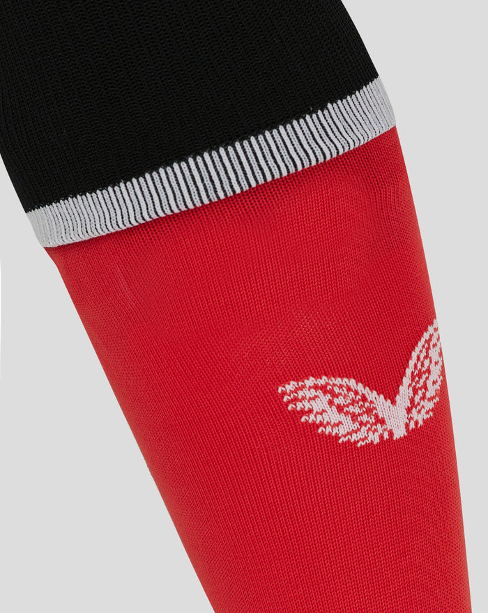 Close up of Rangers Third Sock cuff detail with black knit, white striped edge and red leg.