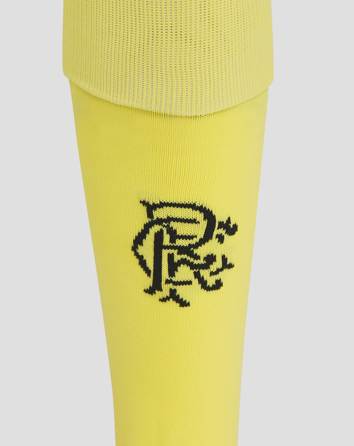 Bright yellow unisex third goalkeeper sock close up showing ribbed cuff and knit texture