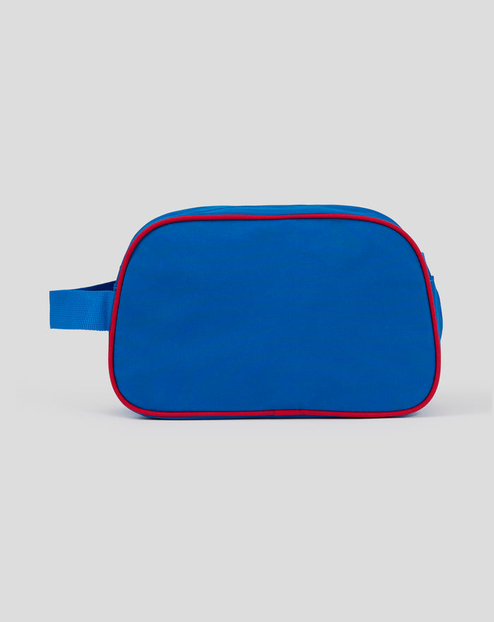 Close up of blue Rangers washbag with red piping along the zipper and a blue strap