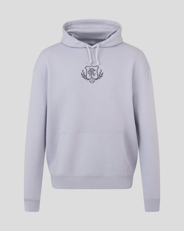 Lavender blue Rangers FC hoodie with crest on chest drawstrings and oversized relaxed fit.