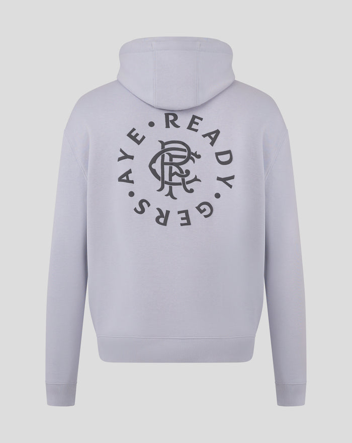 Lavender Rangers FC hoodie shown from back with circular crest and laurel design