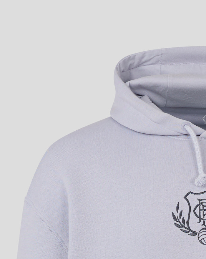 Lavender Rangers FC hoodie close up of hood and shoulder seam from back