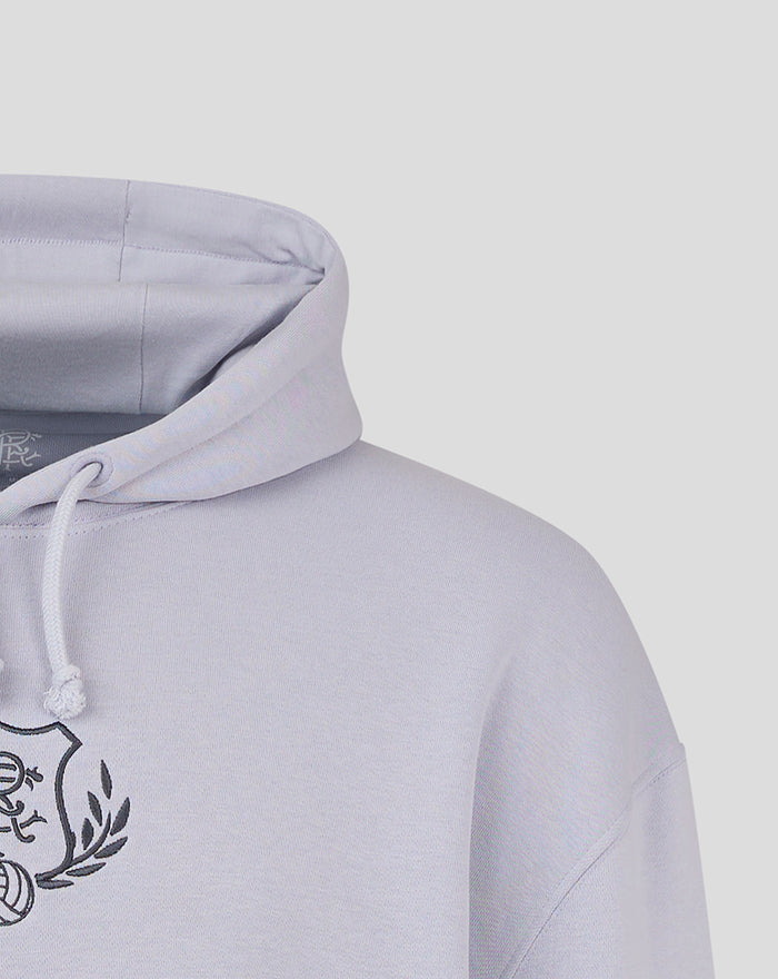 Front view of lavender Rangers FC hoodie featuring embroidered chest crest