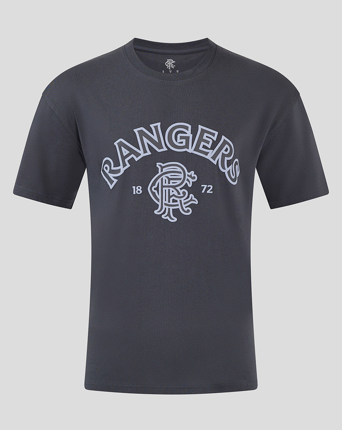 Dark grey oversized Rangers T shirt with pale crest and arch wordmark centered on the chest