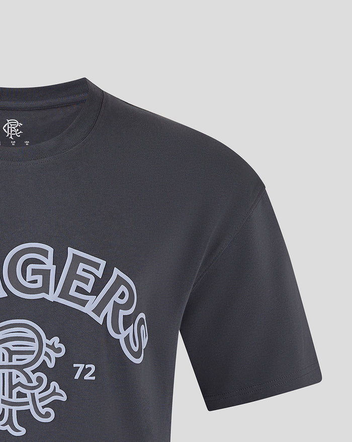 Dark navy Rangers T shirt close up showing light blue wordmark and crest on the chest