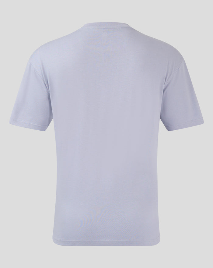 Back view of lavender Rangers T shirt focusing on the neckline and short sleeves