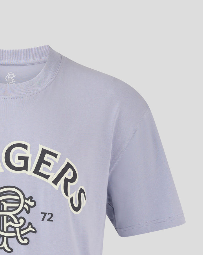 Close-up of a lavender oversized Rangers T shirt showing ribbed crew neck and chest logo