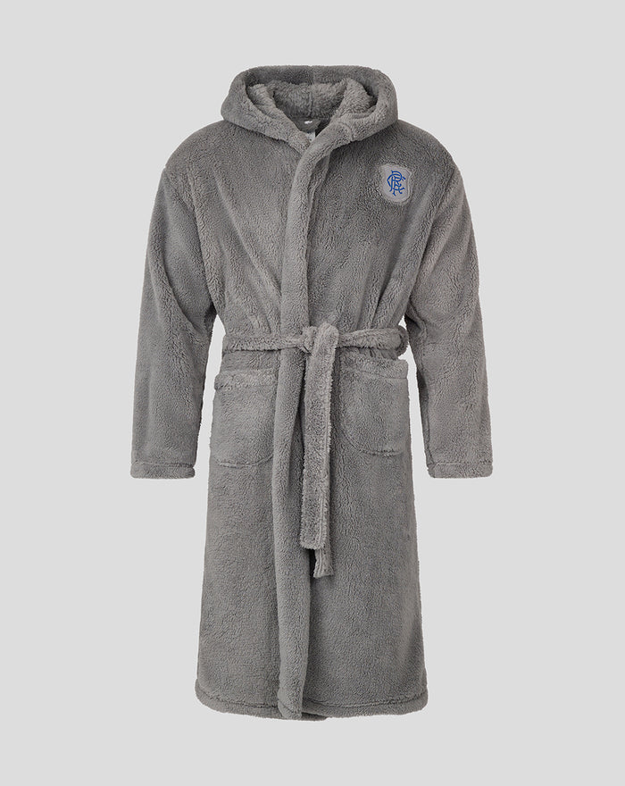 Grey plush unisex dressing gown with hood belt and crest emblem on chest