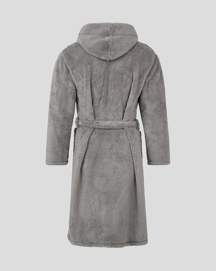 Back view of the grey plush junior dressing gown with hood and tied belt
