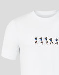 White Rangers Tav Tee close-up showing the row of six blue kit players mid run across the chest.