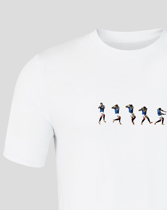 White Rangers Tav Tee close-up showing the row of six blue kit players mid run across the chest.