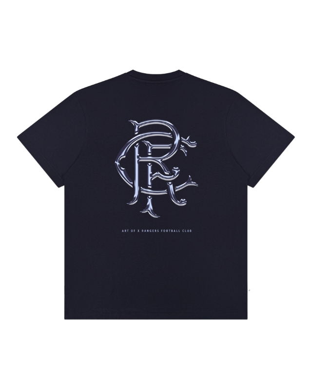 Back of navy UNISEX 25/26 Art of T shirt showing a large ornate interwoven RFC emblem on the back with small text below.