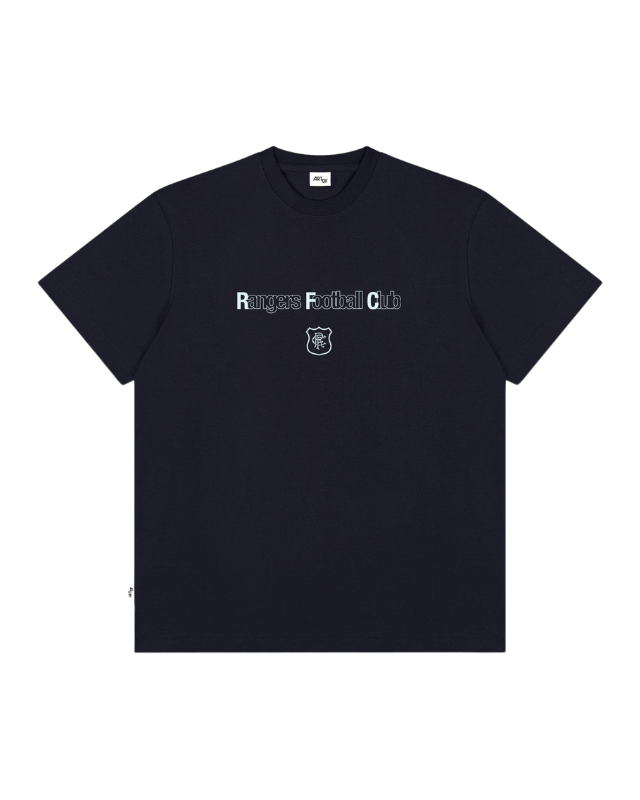 Navy unisex T shirt with Rangers Football Club graphic across the chest and a small crest beneath.