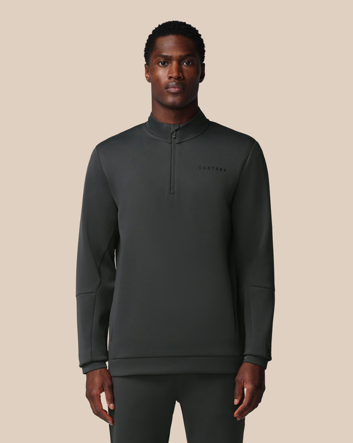 Model wearing dark gray FLEX 1/4 ZIP SWEATSHIRT with stand collar and front zipper.