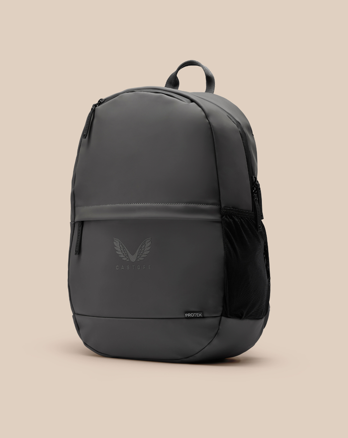 Dark gray CORE backpack with top handle front zip pocket and side mesh pocket