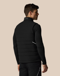 Back view of a man wearing a black quilted vest over a black long sleeve top with CASTORE lettering on the collar.