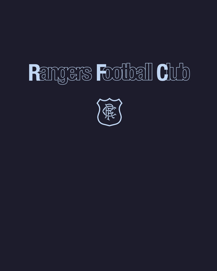 Rangers Football Club wordmark in light blue on a dark navy background with a crest beneath.