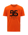 Orange T shirt with bold black 55 trophy graphic and Rangers FC Champions text