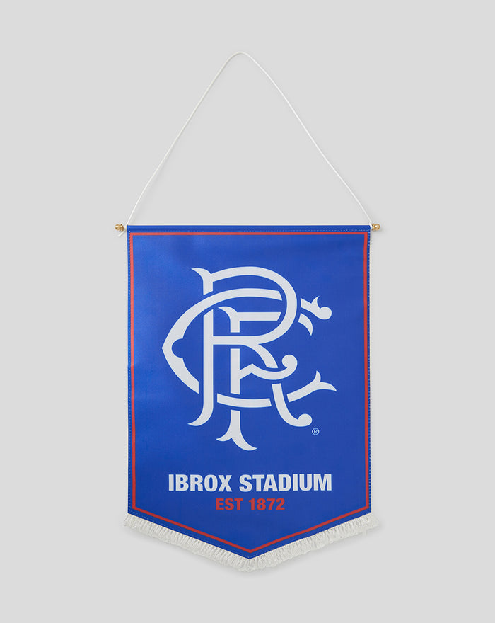 Blue Ibrox Stadium banner with white intertwined initials and EST 1872 hung from a white cord