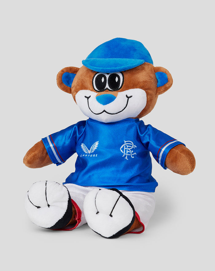 10 inch BROXI BEAR plush wearing a blue sports jersey and matching cap.