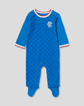 Rangers baby home sleeper in royal blue with checkered pattern crest on the chest white collar with red trim and a footed design