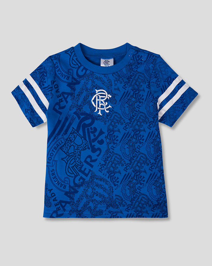 Blue baby shirt with white Rangers crest on the chest and an allover retro print with striped sleeves