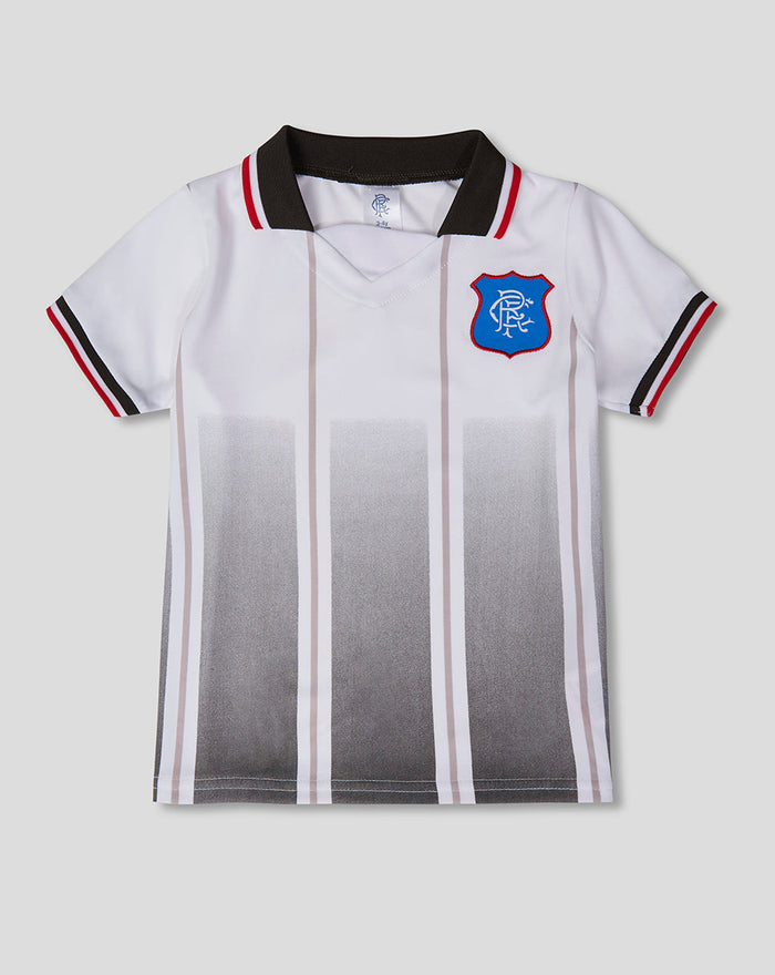 Infant white Rangers away shirt with pale vertical panels and blue crest on the left chest