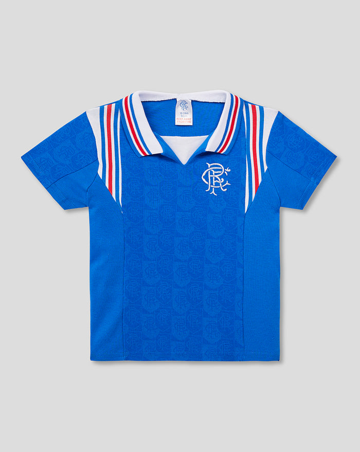 RFC Baby 1996/97 Home Retro Shirt front view blue jersey with white and red striped collar and chest crest.