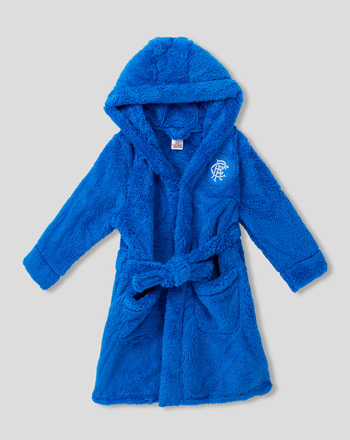 Bright blue baby fleece robe with hood belt and RFC patch on chest