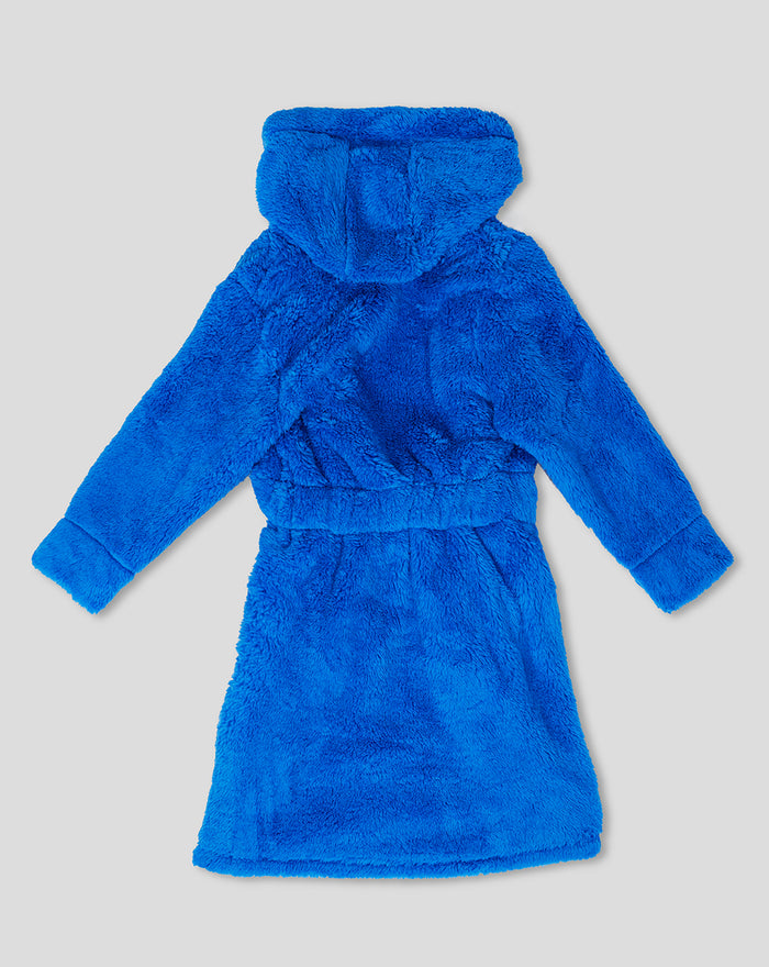 Back view of blue baby fleece robe with hood and belt