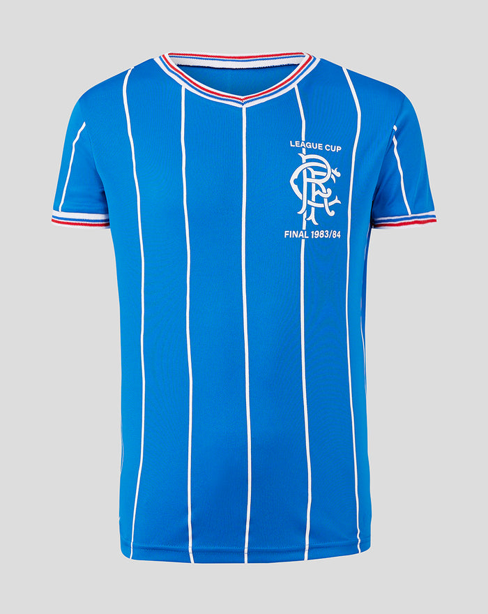 Bright blue retro home shirt with white vertical stripes and League Cup Final 1983/84 crest on the chest