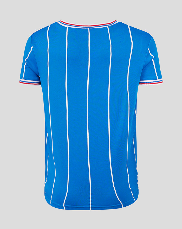 Back view of a bright blue RFC 1983/84 LCF HOME RETRO SHIRT with white vertical stripes and red trim.