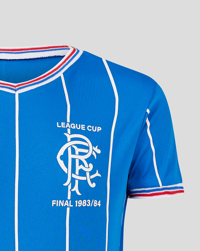 Close-up of the chest on the blue jersey featuring the League Cup crest and white piping