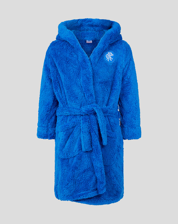 Blue infant cuddle fleece robe with hood and belt, featuring a round patch on the left chest.