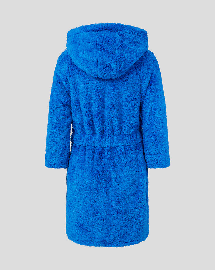 Blue infant cuddle fleece robe with hood and belt, back view